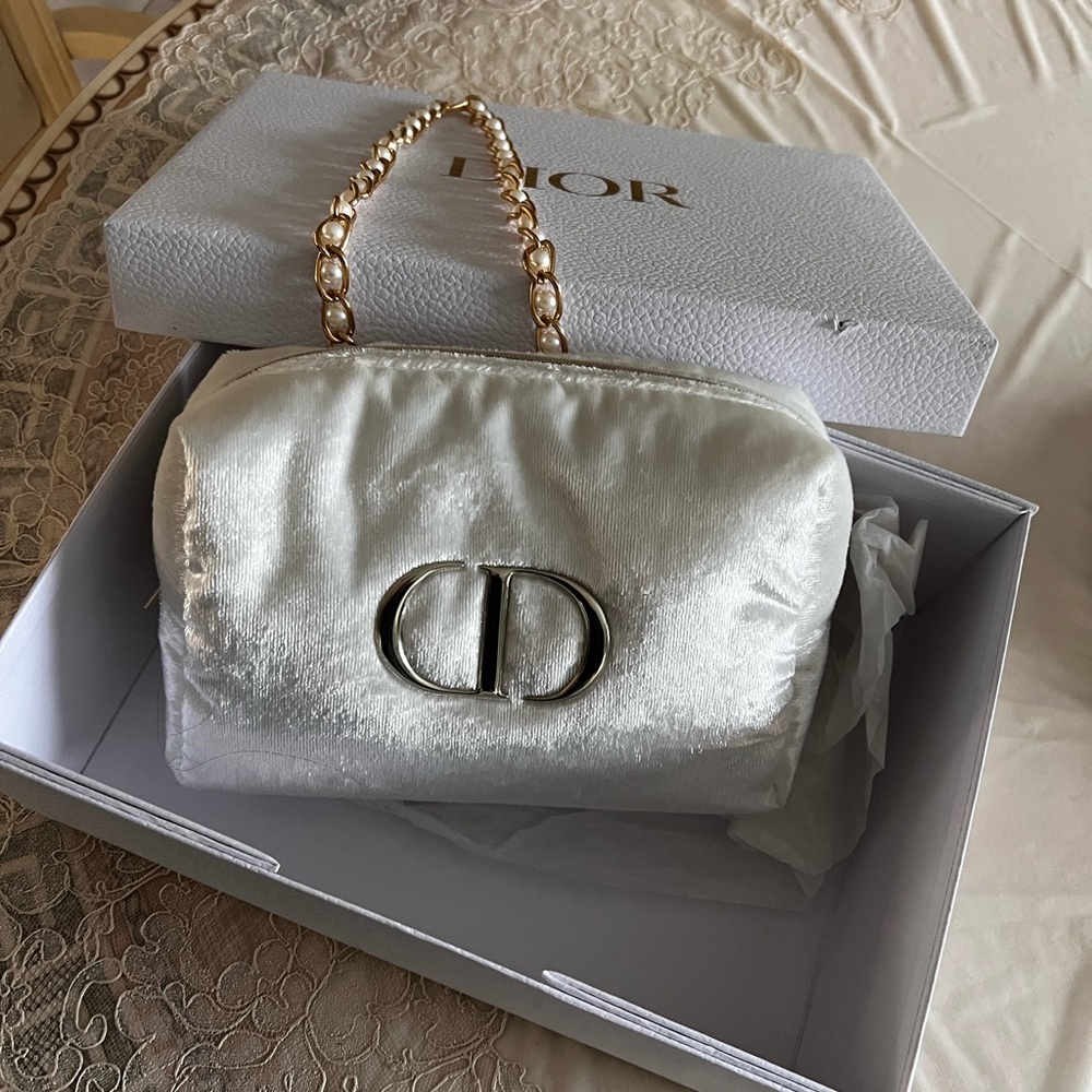 Dior Silver Satin Clutch with Chain Strap